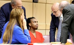 Jamell Demons, better known as rapper YNW Melly, listens to his attorneys during a hearing update at the Broward County Courthouse in Fort Lauderdale, Florida, on Wednesday, July 9, 2025. (Carline Jean/South Florida Sun Sentinel/Tribune News Service via Getty Images)