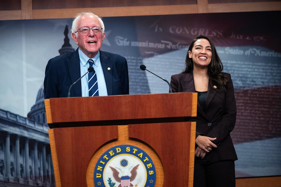 UNITED STATES - MARCH 25: Sen. Bernie Sanders, I-Vt., and Rep. Alexandria Ocasio-Cortez, D-N.Y., conduct a news conference to announce the artificial intelligence Data Center Moratorium Act in the U.S. Capitol on Wednesday, March 25, 2026. The legislation aims to "ensure that AI benefits workers, is safe and effective and does not harm communities or destroy the environment." (Tom Williams/CQ-Roll Call, Inc via Getty Images)