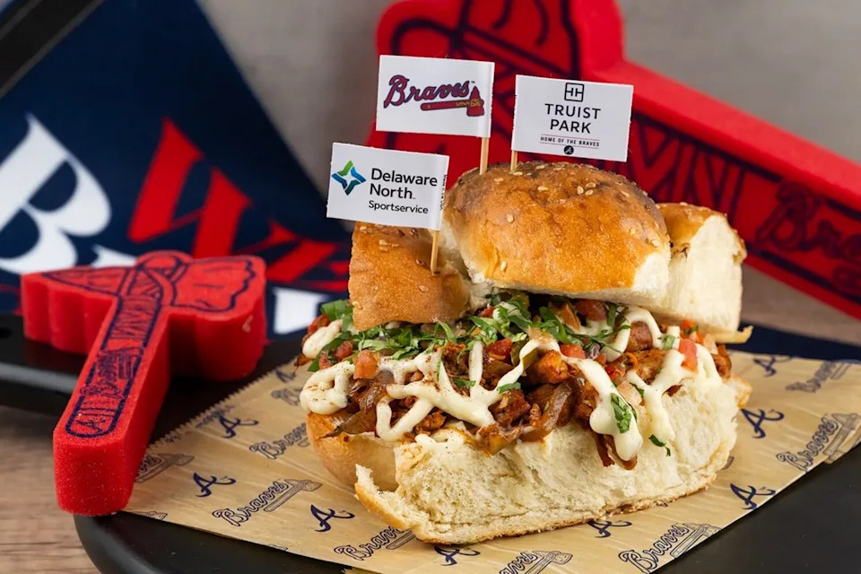 A-Town Melt (Sections 313, 343, Braves Market): A cheesy, spicy chicken melt loaded with creamy pepper jack fondue and toasted to perfection on muffaletta bread.
