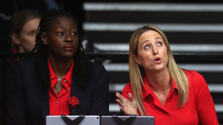 England head coach Jess Thirlby (right) and assistant coach Sonia Mkoloma during the Vitality Netball International Series 2023