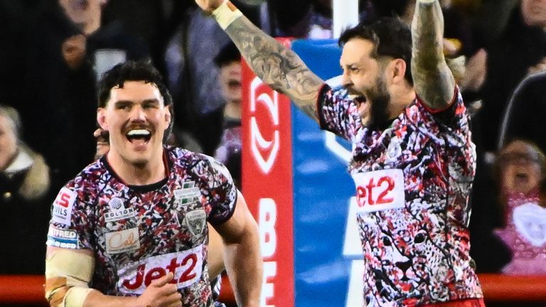Gareth O'Brien of Leigh celebrates kicking the match-winning drop goal