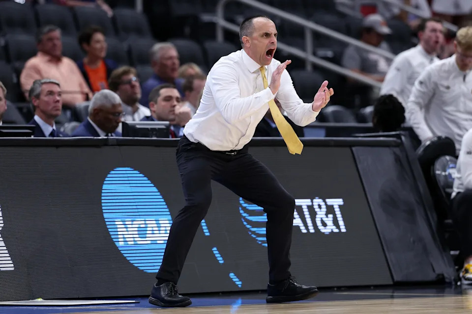 Iowa Hawkeyes head coach Ben McCollum reacts in the first half during a Sweet Sixteen game of the South Regional of the men's 2026 NCAA Tournament at Toyota Center.
