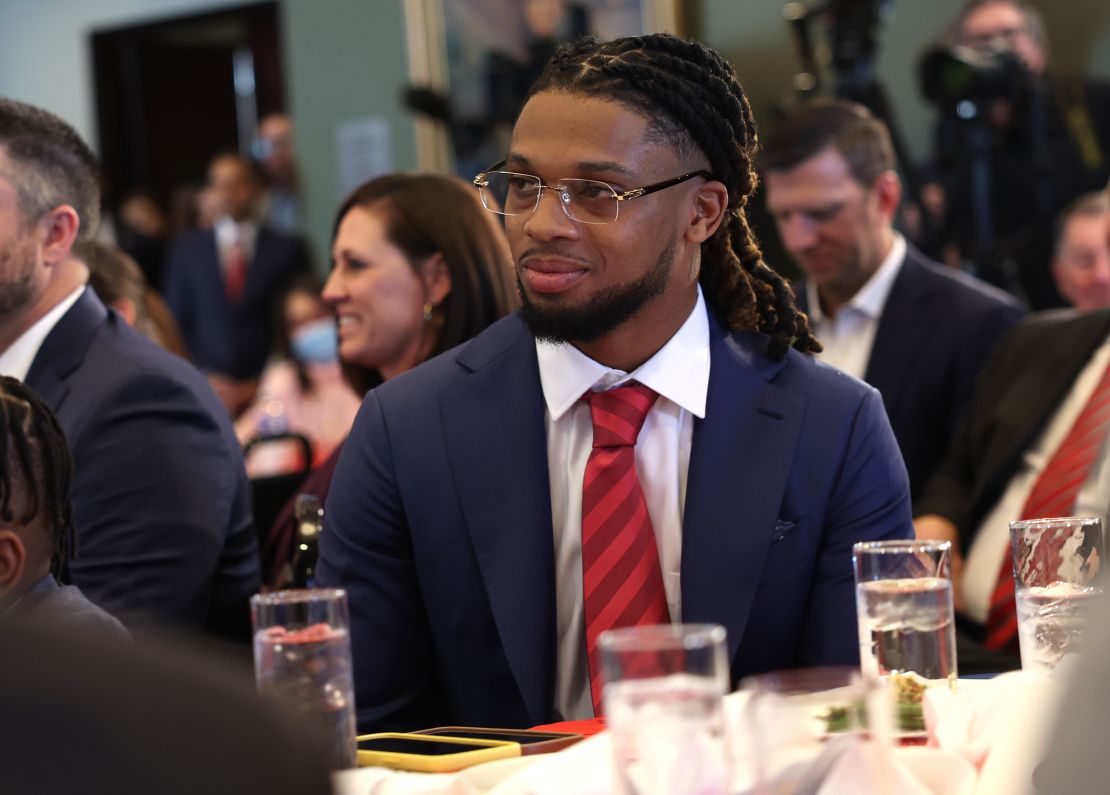 Hamlin attends an event with lawmakers to introduce the Access to AEDs Act on March 29, 2023 in Washington, DC. The bill that would improve students' access to defibrillators in public and private elementary and secondary schools.