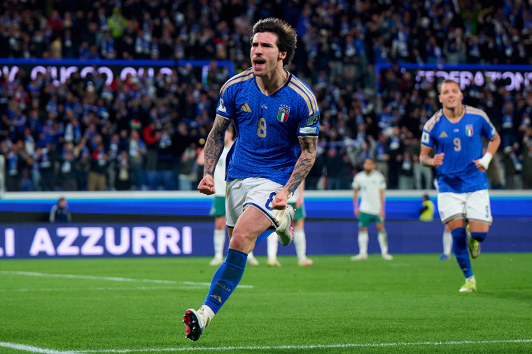 Sandro Tonali of Italy celebrates after scoring his team's first goal during the FIFA World Cup 2026 European Qualifiers playoffs against Northern Ireland. 