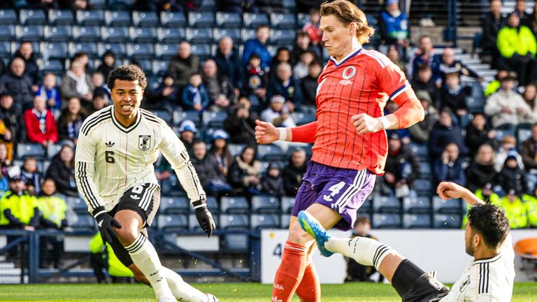 GLASGOW, SCOTLAND - MARCH 28: Scotland's Scott McTominay has his shot saved by Japan's Zion Suzuki (not in frame) during an International Friendly match between Scotland and Japan at Barclays Hampden, on March 28, 2026, in Glasgow, Scotland. (Photo by Ross Parker / SNS Group)