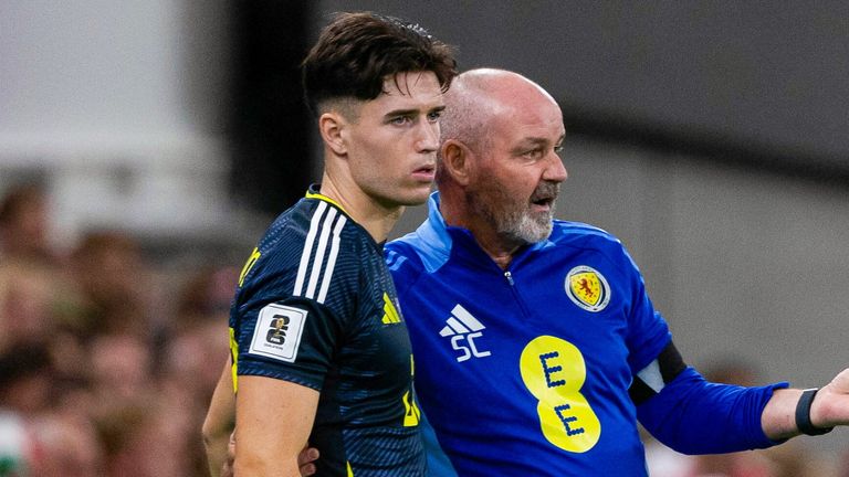 COPENHAGEN, DENMARK - SEPTEMBER 05: Scotland's Max Johnston (L) and Head Coach Steve Clarke during a 2026 fifa World Cup Qualifying match between Denmark and Scotland at Parken Stadium, on September 05, 2025, in Copenhagen, Denmark.  (Photo by Craig Williamson / SNS Group)
