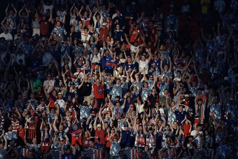 Fans of the United States Men's National Team chant during an international friendly match against Portugal on Tuesday at Mercedes-Benz Stadium in Atlanta. Photo by Mike Zarrilli/UPI