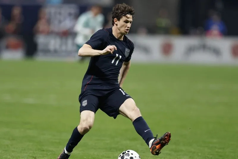 United States Men's National Team midfielder Brenden Aaronson dribbles against Portugal during an international friendly Tuesday at Mercedes-Benz Stadium in Atlanta. Photo by Mike Zarrilli/UPI