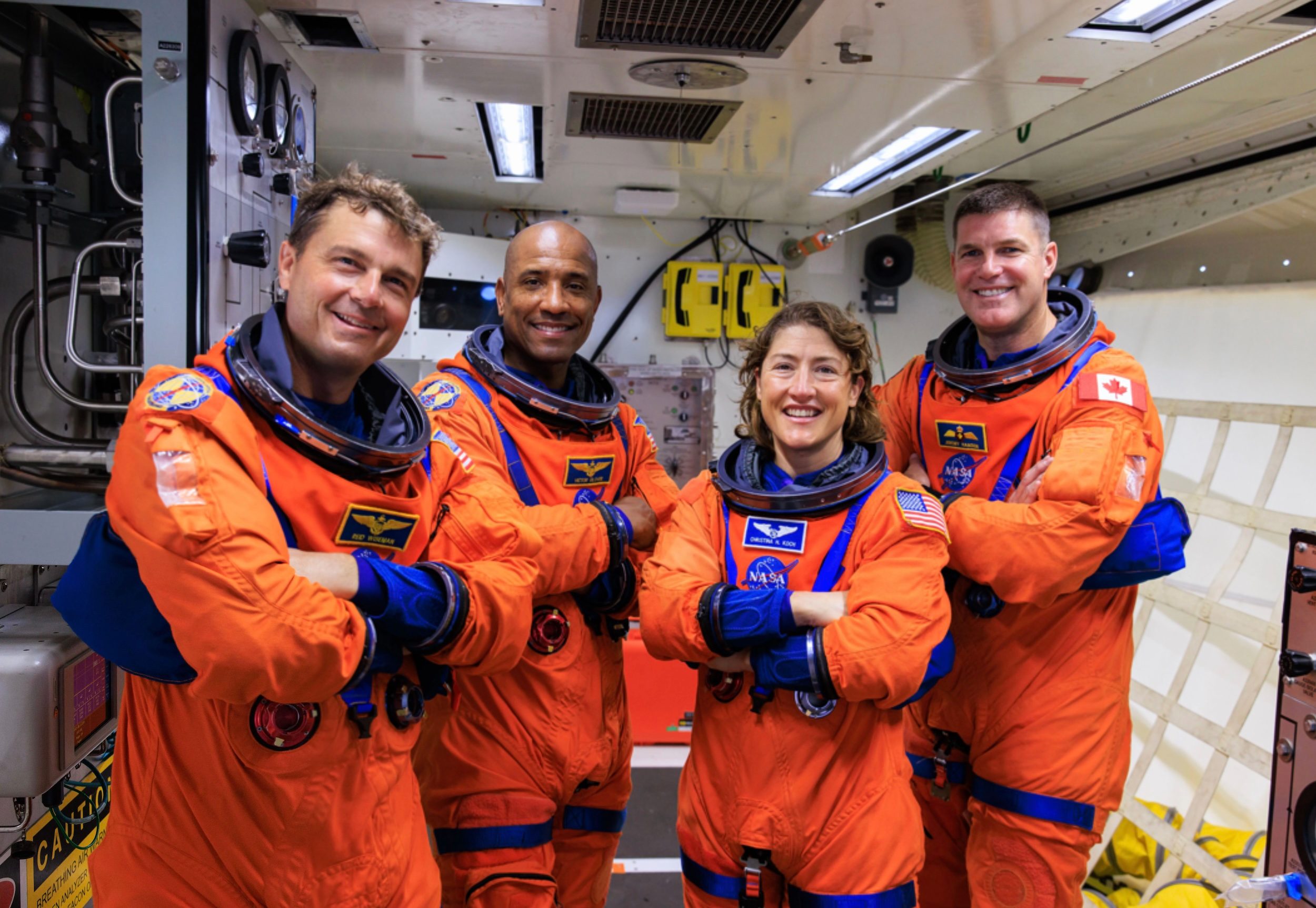 Artemis II NASA astronauts (left to right) Reid Wiseman, Victor Glover, and Christina Koch, and CSA (Canadian Space Agency) astronaut Jeremy Hansen