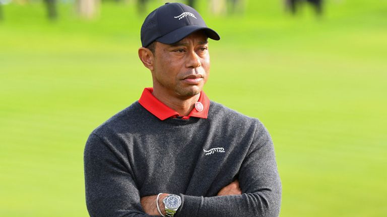 Tiger Woods looks on during the trophy ceremony following the final round of The Genesis Invitational 2025 at Torrey Pines Golf Course on Fe