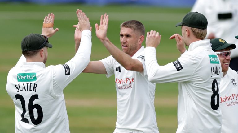 Nottinghamshire's Olly Stone celebrates taking the wicket of Somerset's Tom Kohler-Cadmore