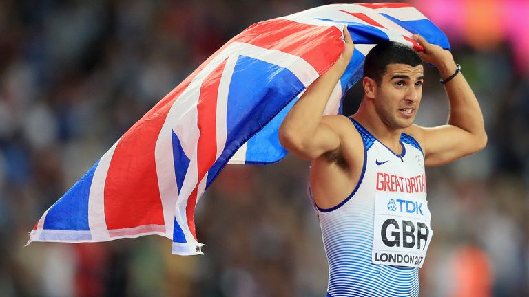 Adam Gemili celebrates taking gold during day nine of the 2017 IAAF World Championships at the London Stadium.