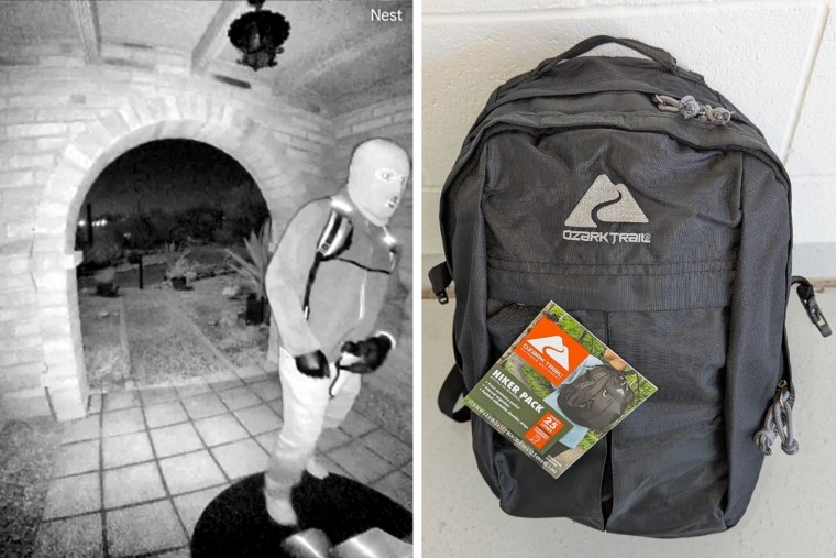 Images posted on X by the FBI's Phoenix office show security video of a masked man and a black Ozark Trail backpack. 