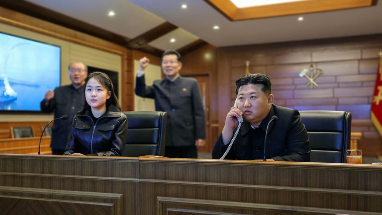 Kim Jong Un and Kim Ju Ae observe a missile test launch. Pic: KCNA/Reuters