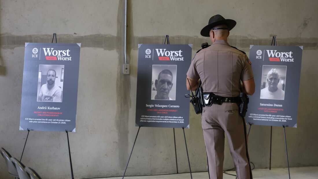 A Florida Highway Patrol officer looks at pictures of undocumented immigrants accused of crimes before a press conference at the ICE Enforcement and Removal Operations building on November 13, 2025 in Miramar, Florida. Florida law enforcement agencies have among the highest ICE cooperation rates in the nation, with state troopers making a significant number of immigration arrests.