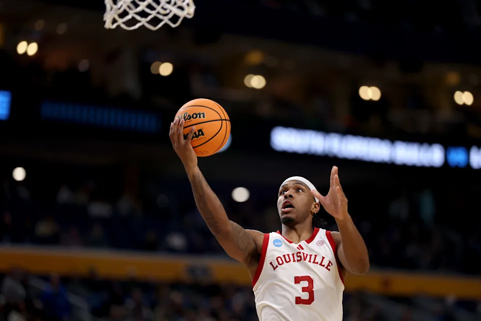 BUFFALO, NEW YORK - MARCH 19: Ryan Conwell #3 of the Louisville Cardinals shoots the ball against the South Florida Bulls during the second half in the first round of the 2026 NCAA Men's Basketball Tournament at KeyBank Center on March 19, 2026 in Buffalo, New York. (Photo by Ishika Samant/Getty Images)