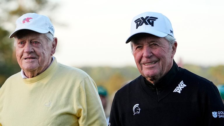 Jack Nicklaus, chairman Fred Ridley, Tom Watson, Gary Player pose before the ceremonial tee shot on the first hole du