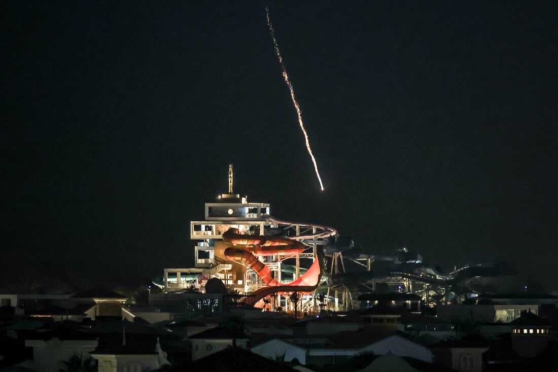 An intercepted projectile falls into the sea near Dubai's Palm Jumeirah archipelago on March 1. 