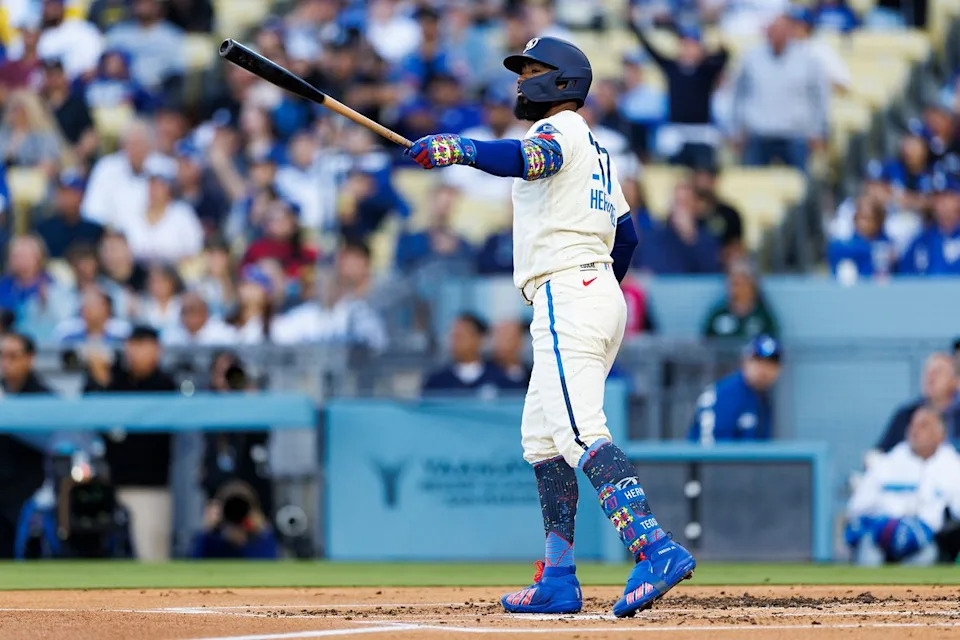 Teoscar Hernandez #37 of the Los Angeles Dodgers celebrates his home run during the game against the Texas Rangers at Dodger Stadium on April 11, 2026 in Los Angeles, California. 