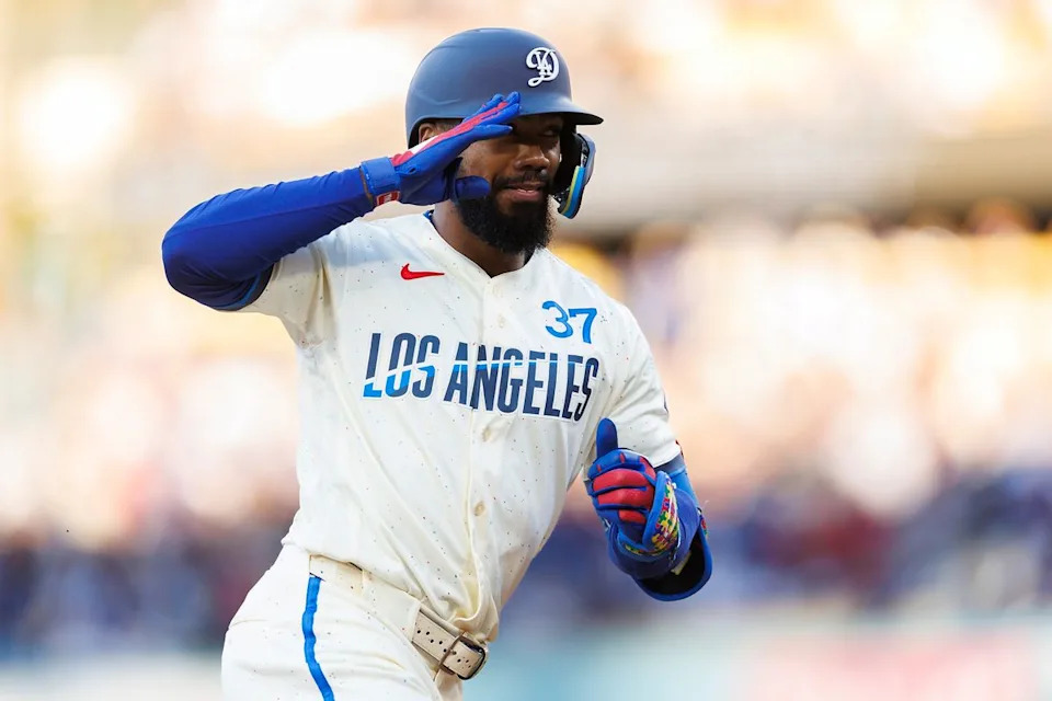 Teoscar Hernandez #37 of the Los Angeles Dodgers celebrates his home run during the game against the Texas Rangers at Dodger Stadium on April 11, 2026 in Los Angeles, California. 