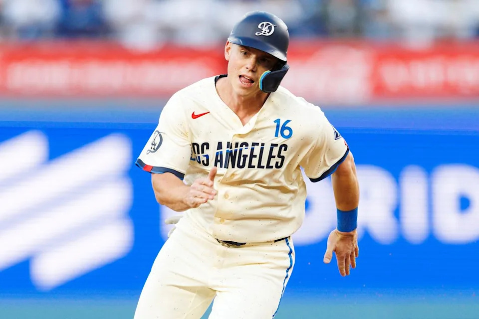 Will Smith #16 of the Los Angeles Dodgers runs during the game against the Texas Rangers at Dodger Stadium on April 11, 2026 in Los Angeles, California. 
