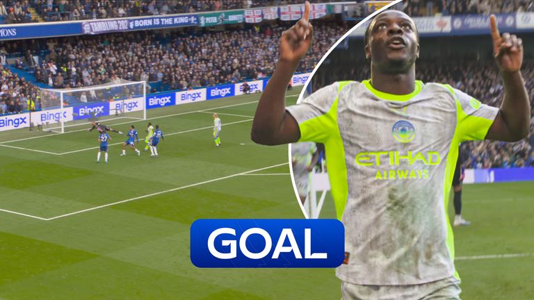 Jeremy Doku scoes Man City's third at Chelsea