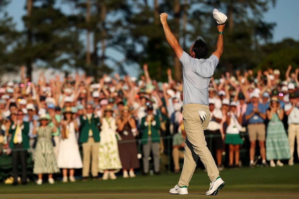 AUGUSTA, GEORGIA - APRIL 12: Rory McIlroy of Northern Ireland celebrates winning the 2026 Masters Tournament on the 18th green at Augusta National Golf Club on April 12, 2026 in Augusta, Georgia. (Photo by Maddie Meyer/Getty Images)