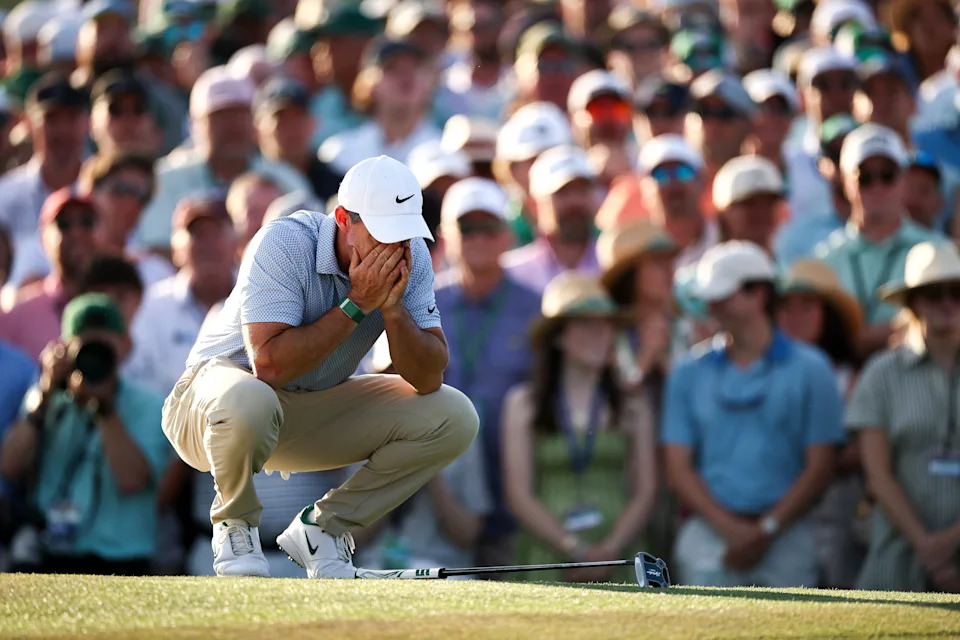 AUGUSTA, GEORGIA - APRIL 12: Rory McIlroy of Northern Ireland reacts on the 18th green during the final round of the 2026 Masters Tournament at Augusta National Golf Club on April 12, 2026 in Augusta, Georgia. (Photo by Jared C. Tilton/Getty Images)