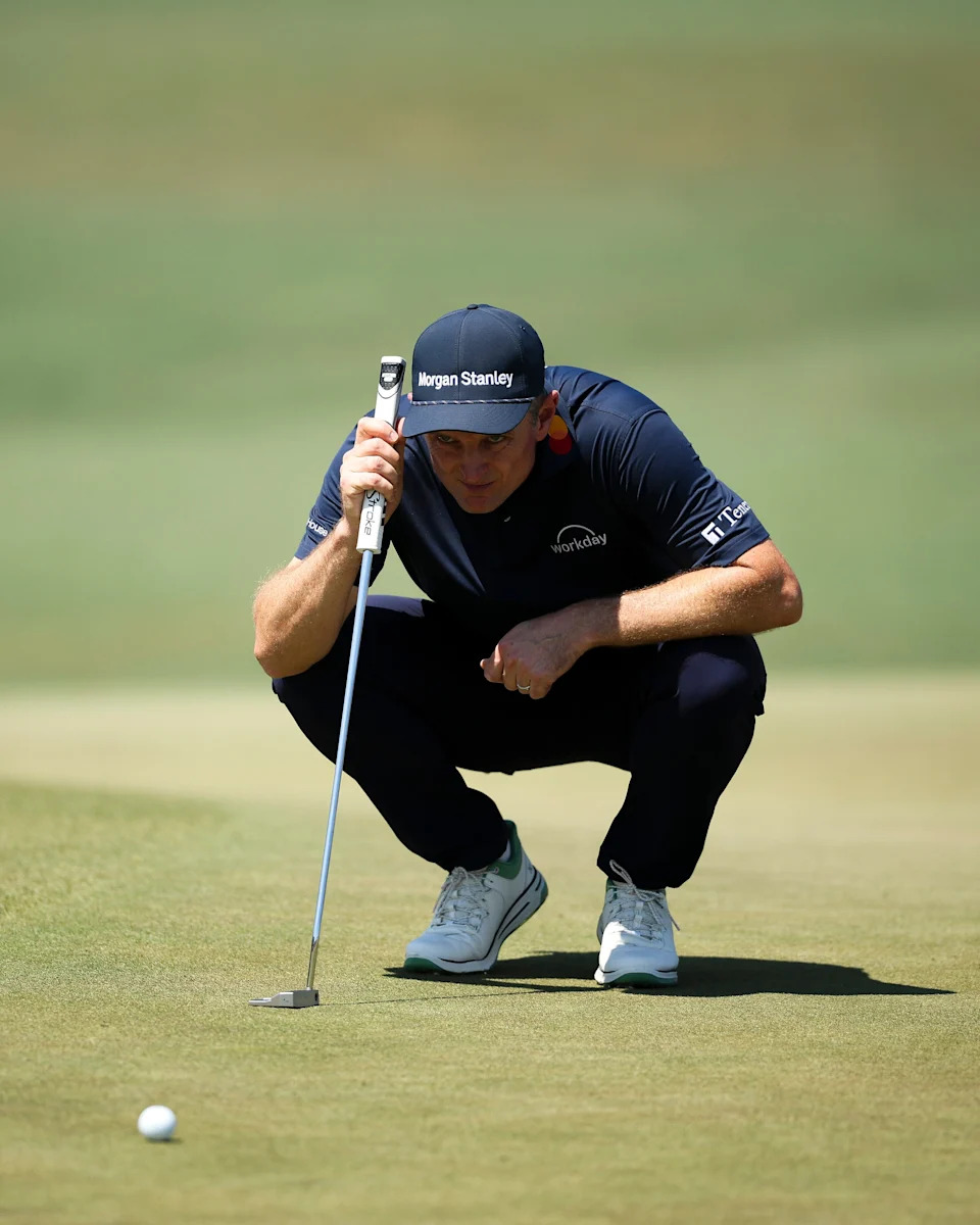 AUGUSTA, GEORGIA - APRIL 12: Justin Rose of England lines up a putt on the second green during the final round of the 2026 Masters Tournament at Augusta National Golf Club on April 12, 2026 in Augusta, Georgia. (Photo by Hector Vivas/Getty Images)