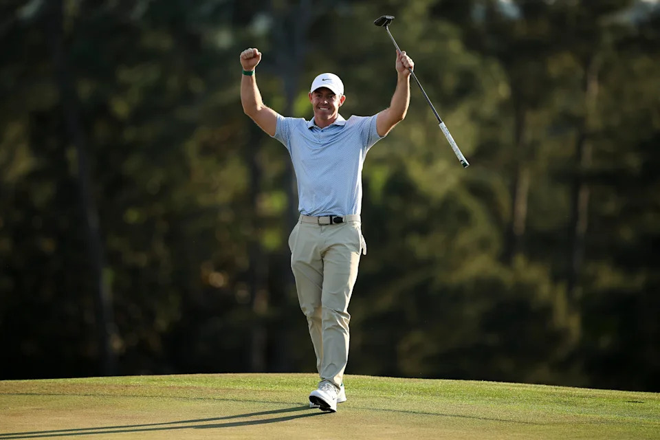AUGUSTA, GEORGIA - APRIL 12: Rory McIlroy of Northern Ireland reacts on the 18th green during the final round of the 2026 Masters Tournament at Augusta National Golf Club on April 12, 2026 in Augusta, Georgia. (Photo by Hector Vivas/Getty Images)