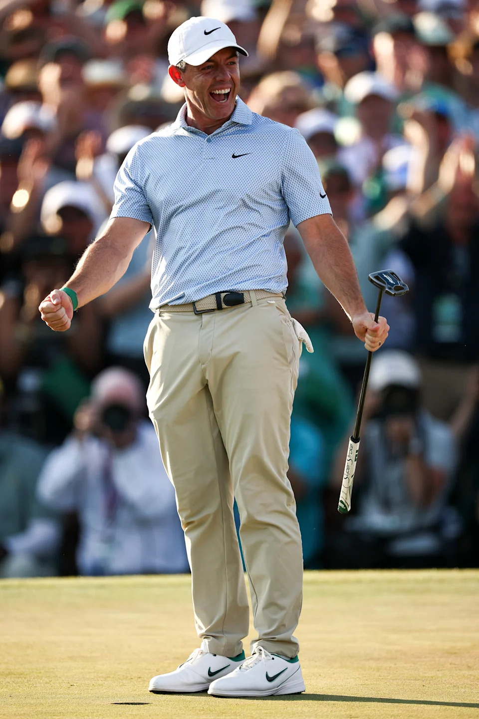 AUGUSTA, GEORGIA - APRIL 12: Rory McIlroy of Northern Ireland celebrates winning the 2026 Masters Tournament on the 18th green at Augusta National Golf Club on April 12, 2026 in Augusta, Georgia. (Photo by Jared C. Tilton/Getty Images)
