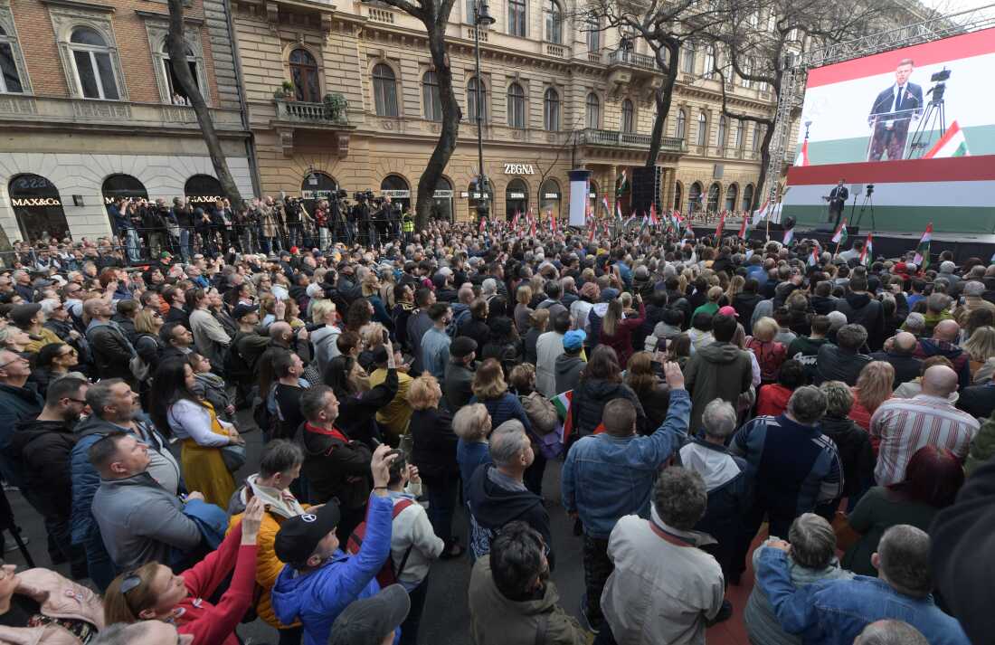 Peter Magyar delivers a speech during a demonstration in Budapest on March 15, 2024, on National Day, marking the Hungarian revolution against the Austrian Empire in 1848. It also