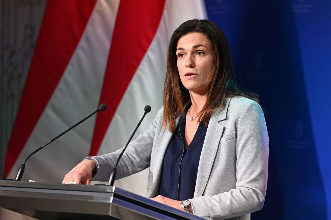 Judit Varga speaks at a press conference in 2022. 