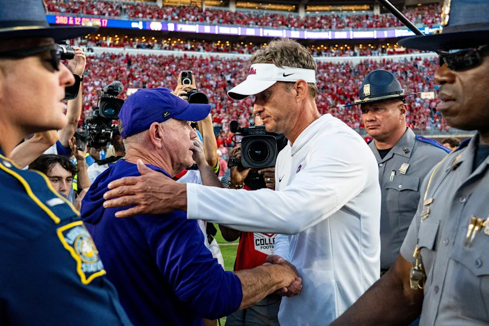 LSU head coach Brian Kelly and Ole Miss head coach Lane Kiffin shake hands after a college football game between Ole Miss and LSU at Vaught-Hemingway Stadium in Oxford, Miss., on Saturday, Sept. 27, 2025. Ole Miss defeated LSU 24-19.