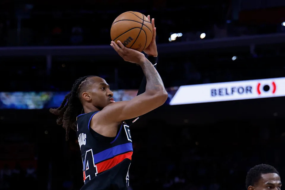 Detroit Pistons guard Daniss Jenkins (24) shoots in the first half against the Minnesota Timberwolves at Little Caesars Arena in Detroit on Thursday, April 2, 2026.