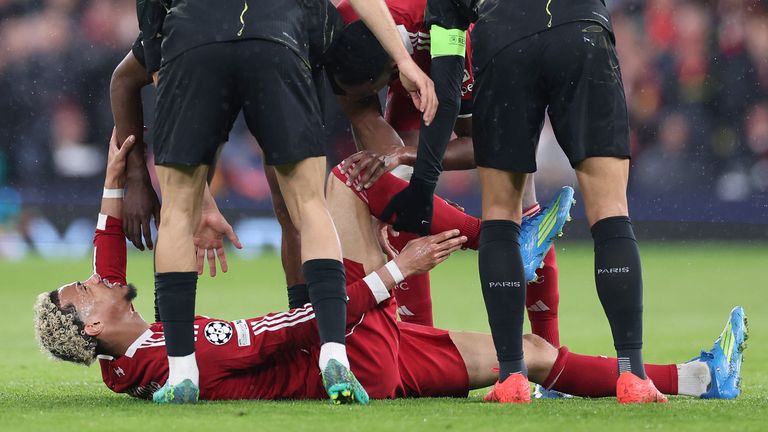 Hugo Ekitike was taken off on a stretcher after suffering an injury in the first half of Liverpool vs PSG