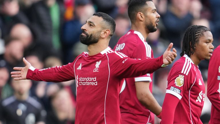 Liverpool's Mohamed Salah celebrates after scoring his side's second goal (AP Photo/Jon Super)
