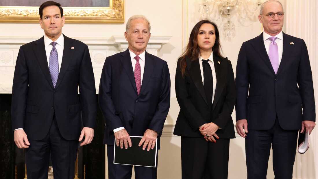 U.S. Secretary of State Marco Rubio, U.S. Ambassador to Lebanon Michel Issa, Lebanon Ambassador to the U.S. Nada Hamadeh Moawad and Israel Ambassador to the U.S. Yechiel Leiter pose for a photo before their meeting at the State Department in Washington, DC, U.S., April 14, 2026. REUTERS/Kevin Lamarque