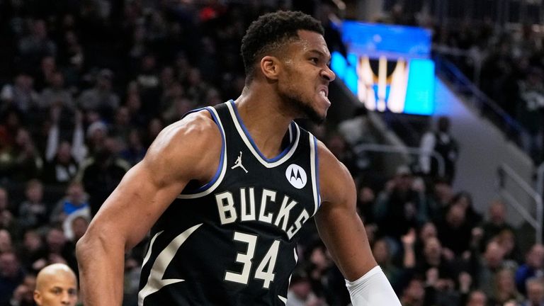 Giannis Antetokounmpo celebrates a basket