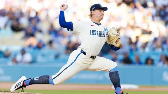 Emmet Sheehan #80 of the Los Angeles Dodgers pitches during the game against the Texas Rangers at Dodger Stadium on April 11, 2026 in Los Angeles, California.