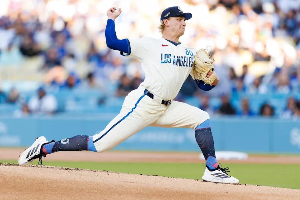 Emmet Sheehan #80 of the Los Angeles Dodgers pitches during the game against the Texas Rangers at Dodger Stadium on April 11, 2026 in Los Angeles, California.