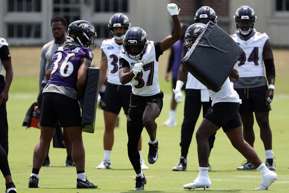 Jun 11, 2025; Baltimore, MD, USA; Baltimore Ravens cornerback Robert Longerbeam (37) performs a drill during an NFL OTA at Under Armour Performance Center. Mandatory Credit: Daniel Kucin Jr.-Imagn Images