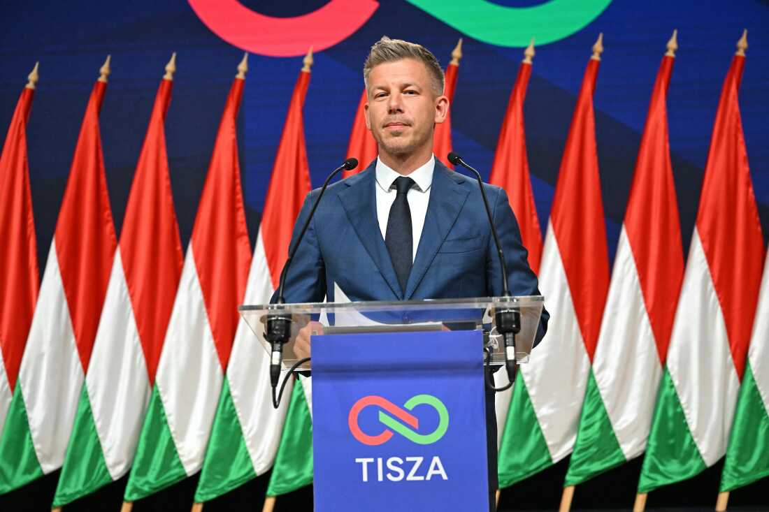 Peter Magyar, leader of the pro-European conservative Tisza party, speaks at a Monday press conference the day after his landslide election victory.